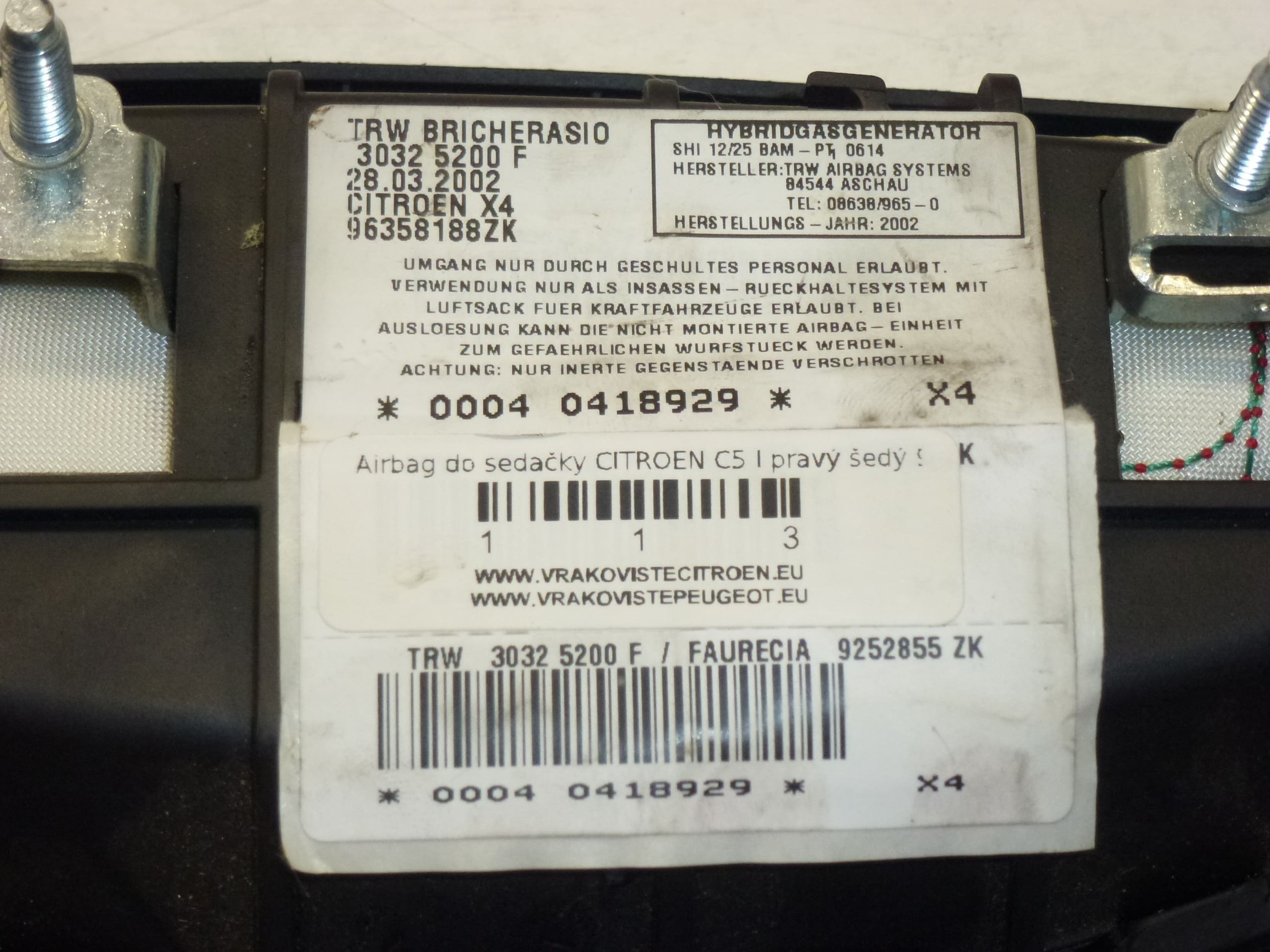 Airbag Sidoplats Passagerare Citroën C5 96358188ZK 96391352ZK 8216K3 - Bild 2